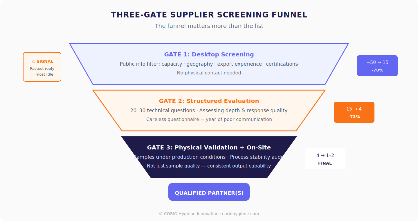 Three-Gate supplier screening funnel: from 50 candidates to 1-2 qualified partners