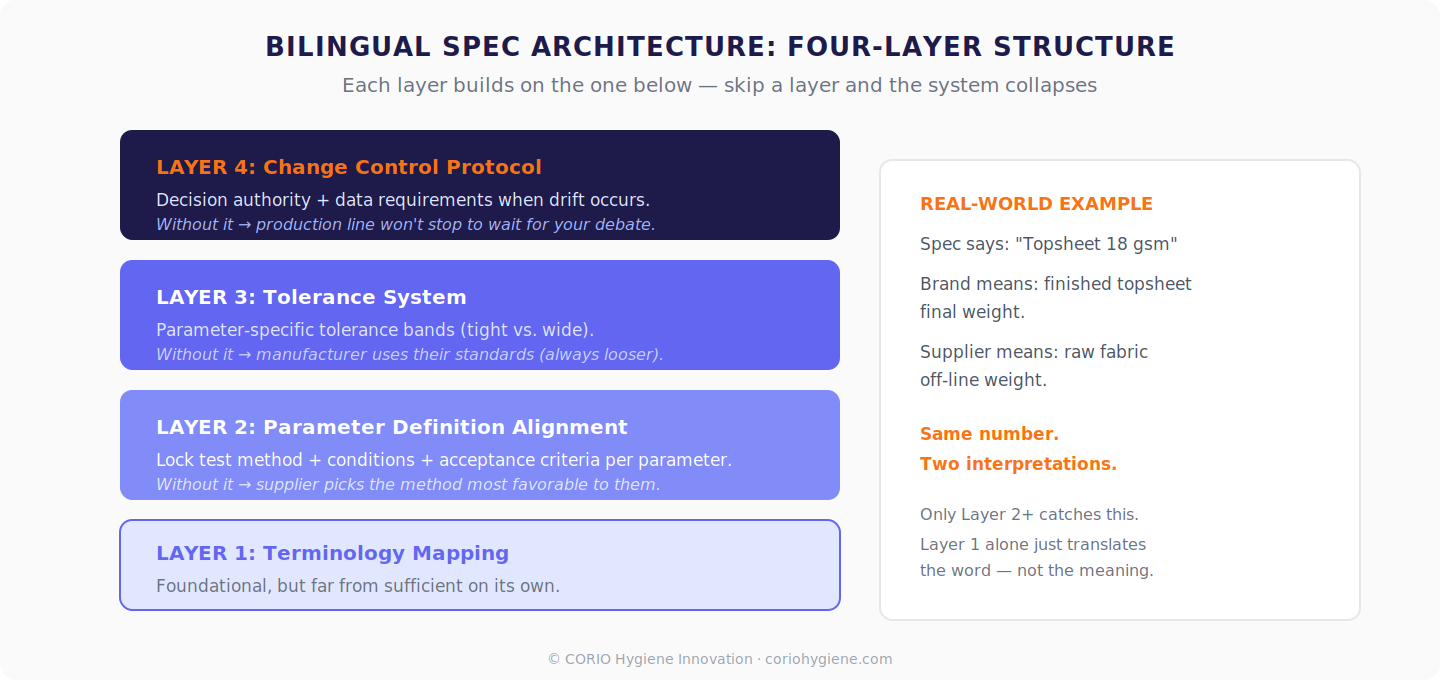 Bilingual Spec Architecture: four layers from terminology mapping to change control protocol