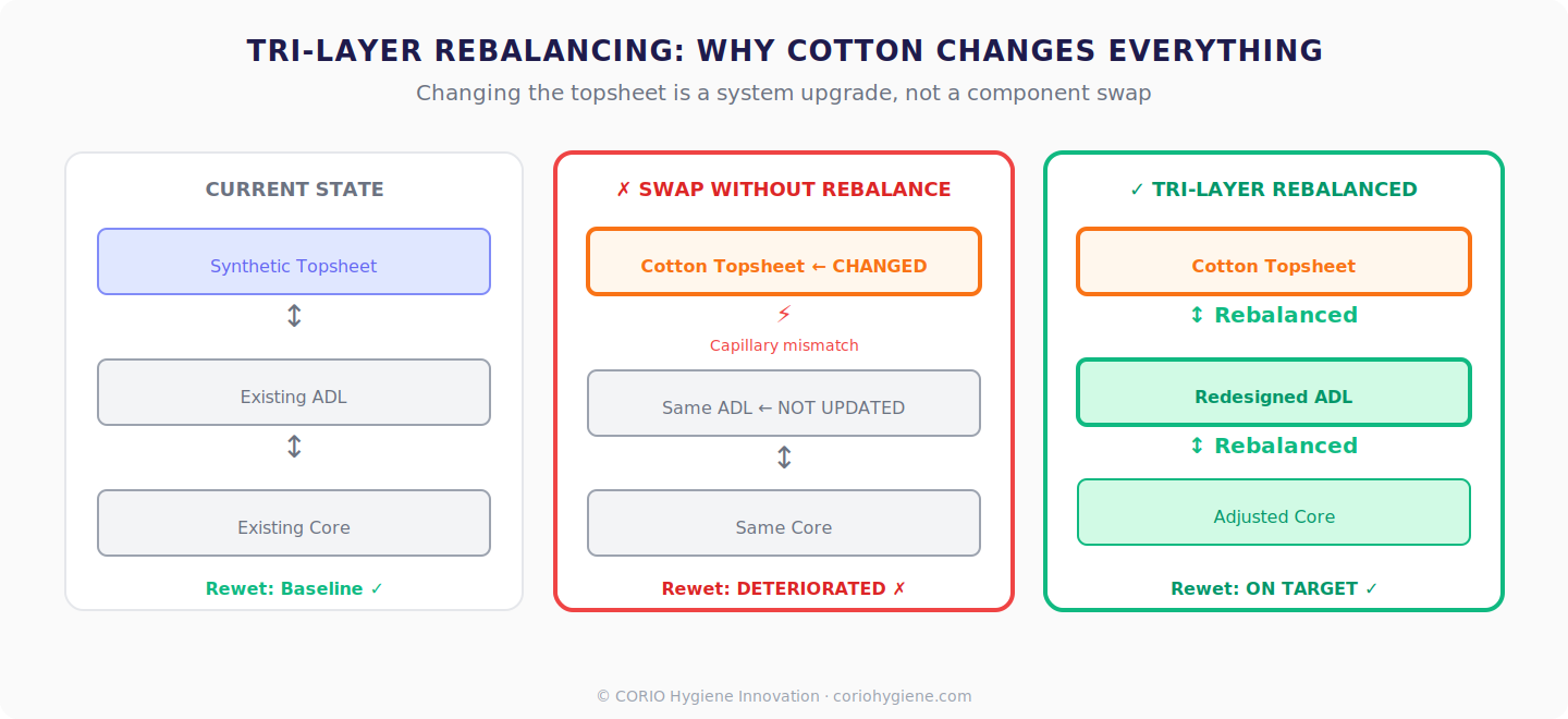 Tri-Layer Rebalancing: why swapping to cotton topsheet without rebalancing ADL and core causes rewet deterioration