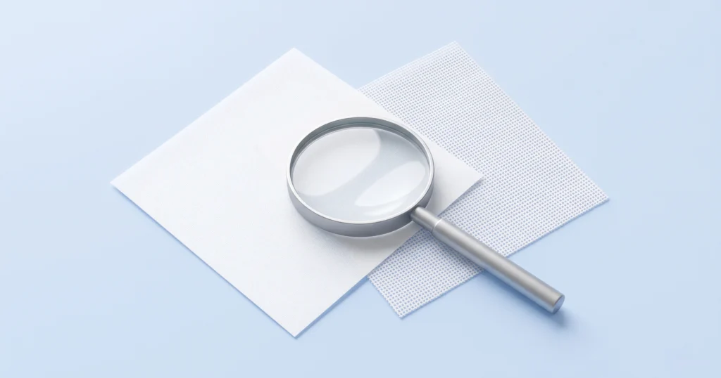 Both topsheets are labeled “cotton.” Under fiber-level magnification, one is single-layer hydroentangled, the other a dual-layer composite — same name, two different fluid systems.