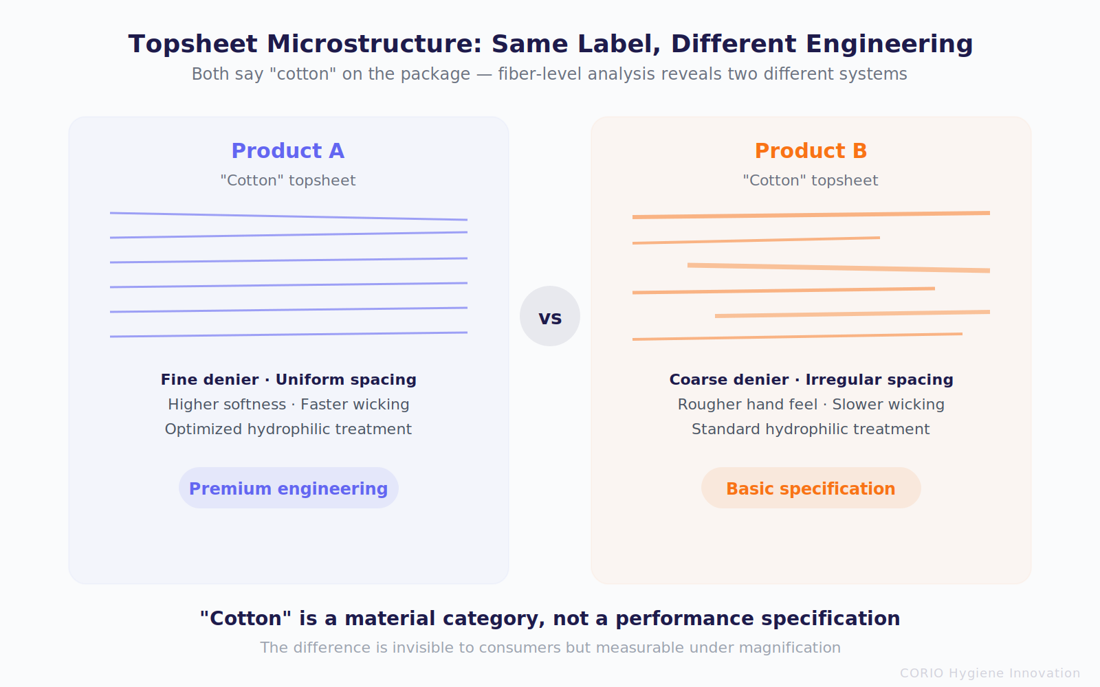 Topsheet Microstructure: same cotton label, two different engineering systems — fine uniform fibers vs coarse irregular fibers