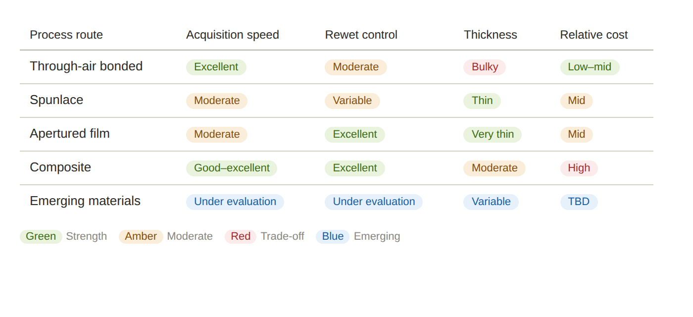 Five ADL process routes compared across acquisition speed, rewet control, thickness, and cost dimensions
